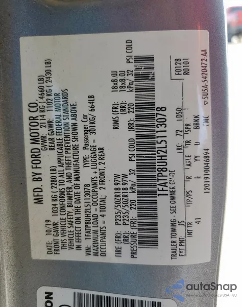 2020 Ford Mustang z USA, uszkodzony, nr VIN 1FATP8UH2L5113078